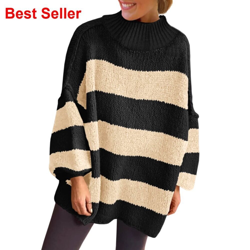 Oversized Striped Sweater Mock Neck Chunky Knit Lantern Sleeve Tunic